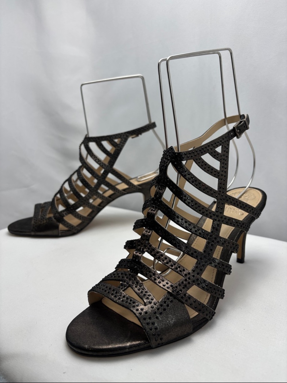 Vince Camuto Women’s Sz9.5 Black Strappy Crystal-Trim W/Bronze Shim Heels  #0295